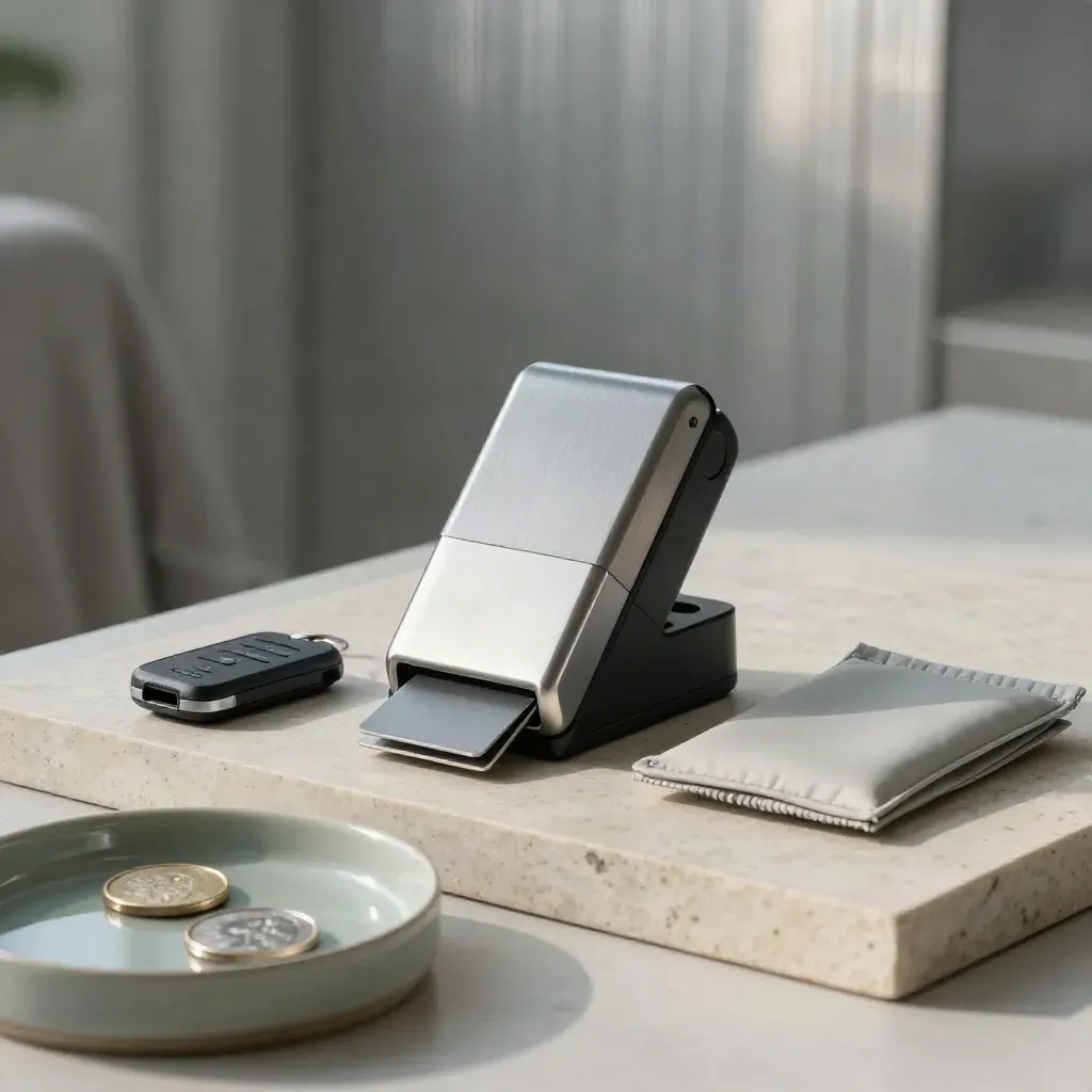 Brushed payment card reader dock with metal cards, security key, evidence pouch and coin tray on stone