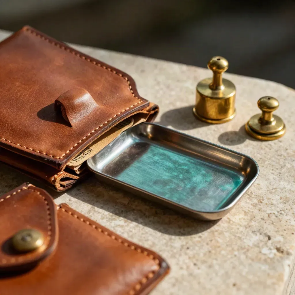 Macro still life of leather cash pouches, brass weights, and an exchange tray on warm limestone.