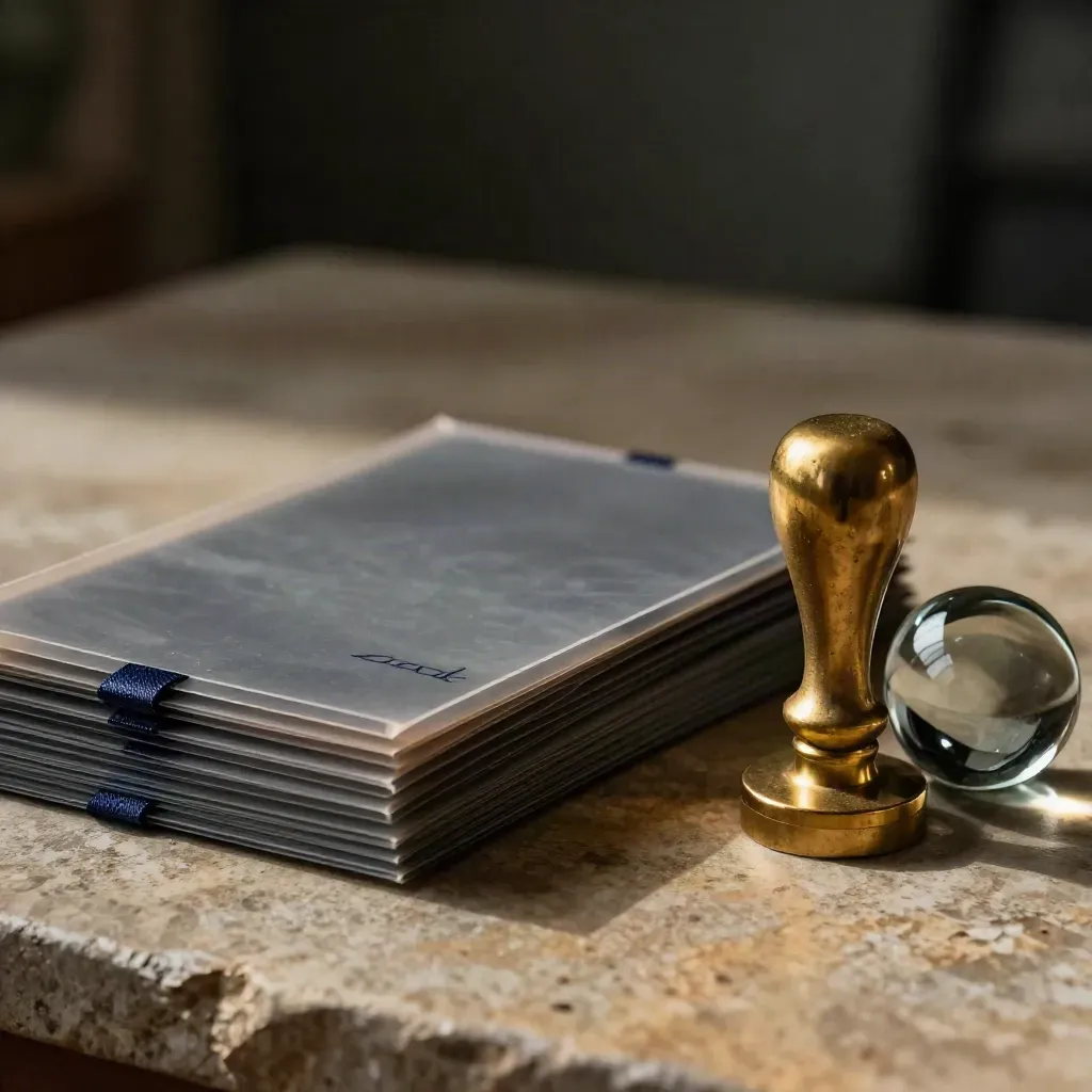 Archival evidence sleeves, brass stamp and glass paperweight on warm stone.