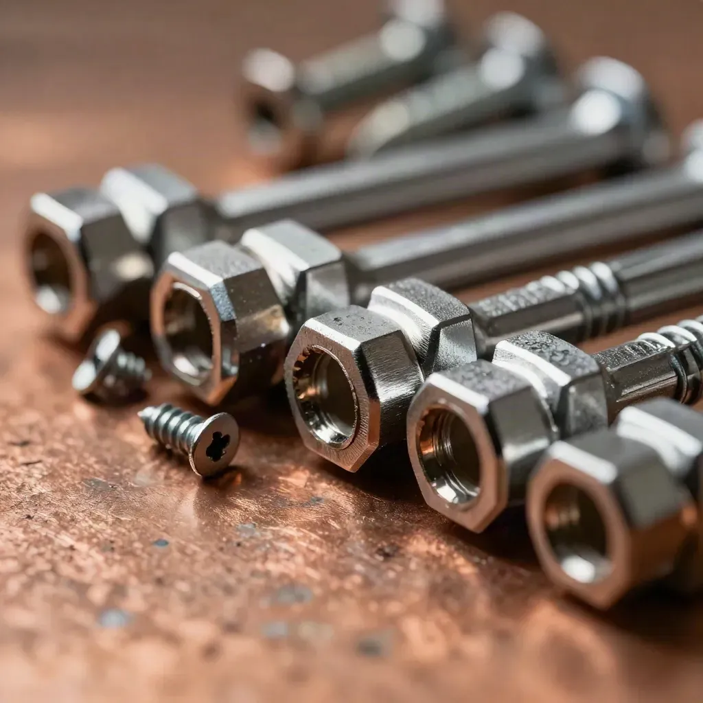 Extreme macro of metal connector blocks, hex keys and precision screws on warm copper, silver-lit.